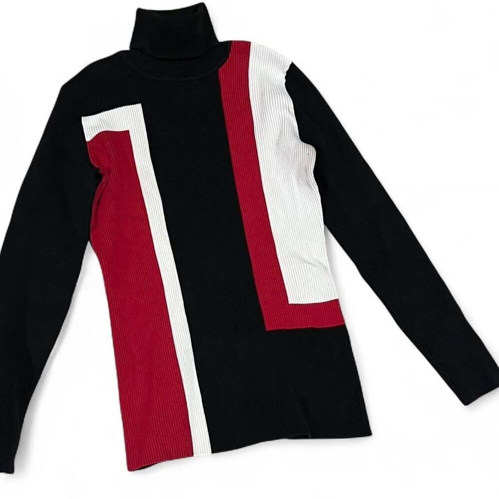 90's Colorblock Red, White, & Black Turtleneck, Ribbed Sweater. Small. - Picture 2 of 7